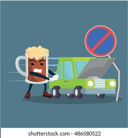 beer man pushing a car crashes into sign