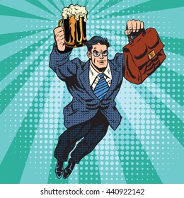 Beer man superhero flying pop art retro vector. Businessman with a beer in hand