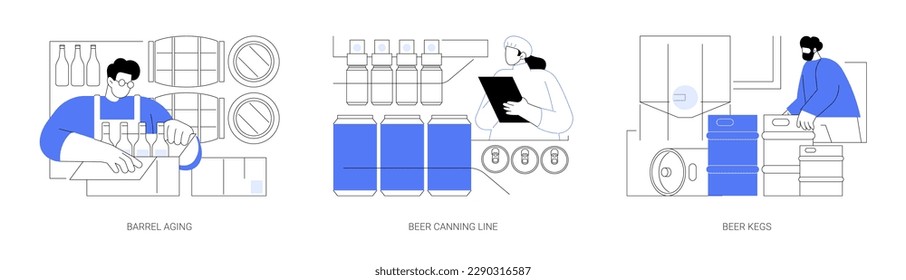 Beer manufacturing and storage abstract concept vector illustration set. Barrel aging and maturing, canning line, stainless steel kegs in warehouse, beer brewing, alcohol drinks abstract metaphor.