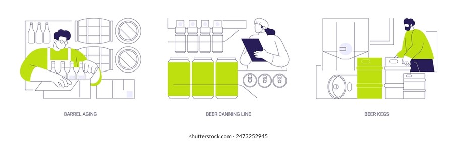 Beer manufacturing and storage abstract concept vector illustration set. Barrel aging and maturing, canning line, stainless steel kegs in warehouse, beer brewing, alcohol drinks abstract metaphor.