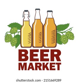 Beer market logo. Beer bottles and hops. Color vector graphics