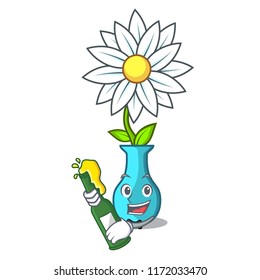 With beer mascot beautiful flower in vase cartoon