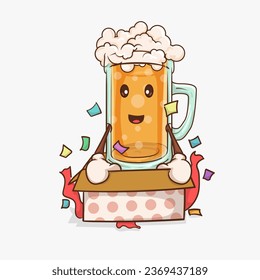 beer mascot comes out from gift box. beer glass with kawaii cute face mascot vector illustration