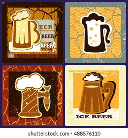 Beer mats set. Set contains four beer mat with images of beer mugs on vintage background. Vintage style.