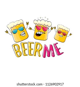 BEER ME vector concept illustration or summer poster. vector funky beer character with funny slogan for print on tee. International beer day or octoberfest label with slogan