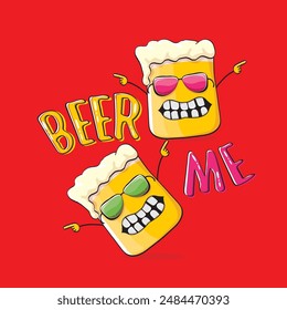 BEER ME vector concept illustration or summer poster. vector funky beer character with funny slogan for print on tee. International beer day or octoberfest label with slogan on red background