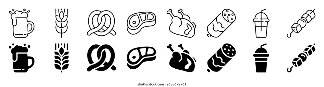 Beer, meat, and snack food icon set. Linear and silhouette style.