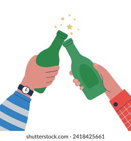 Beer meeting. Friends meets on drinks, leisure at weekend together. Clinking bottles, celebration toasts and cheers up. Free lifestyle, decent vector scene