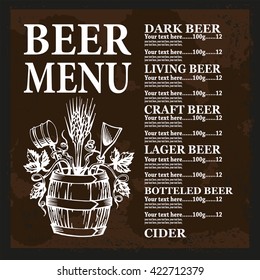 Beer menu with barrel.Beer menu contains images of beer tun,hops and wheat on vintage background.