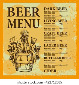 Beer menu with barrel.Beer menu contains images of beer tun,hops and wheat on vintage background.