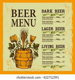 Beer menu with barrel.Beer menu contains images of beer tun,hops and wheat on vintage background.