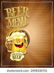 Beer menu board or blank template with copy space for text Beer menu with golden beer mugs personages