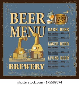  Beer menu with brewery and men in barrel on vintage background.