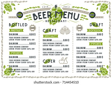 Beer menu for cafe and restaurant. Design template with elements in linocut style. Print on white background