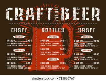 Beer menu for cafe and restaurant. Design template with illustration in linocut style