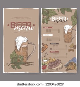 Beer menu color template with beer keg and mug, hop branch, wheat, chips, nuts, chicken wings and snack plate. Great for bar, restaurant, cards and menu, pub signs, culinary design.