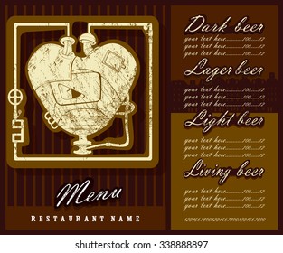  Beer menu contains image of steam punk heart,text and place for price.Beer menu with steam punk heart. Chalk draw style.