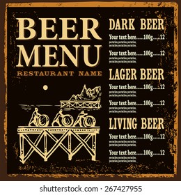 Beer menu contains images of sea-scape with men,place for text and price. Beer menu. Vintage style.