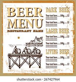 Beer menu contains images of sea-scape with men,place for text and price. Beer menu. Vintage style.