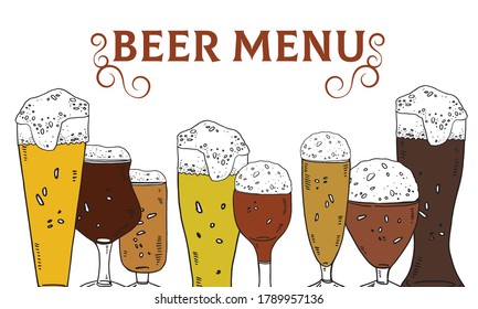 Beer menu cover template. Different beer glasses with foam. Hand drawn colorful vector sketch illustration