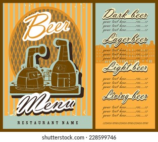 Beer  menu design with brewery.Menu contains images of brewery, town silhouette, price and place for text. Vintage style.