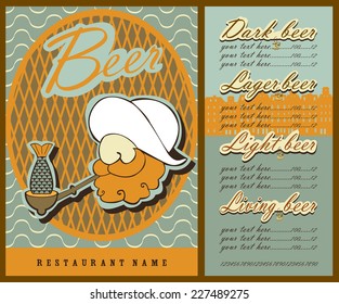 Beer menu. Beer menu design contains images of  sailor with pipe, town silhouette, price, text and place for restaurant name. Vintage style.