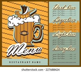Beer menu design. The menu contains images of old beer mug, ship,town silhouette, price and place for text. Vintage style.