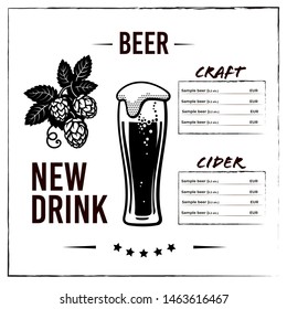 Beer menu design with glass of beer and branch of hops with leaves and cones. Alcohol card design elements.  Hand drawn vector illustration isolated on white backgraund.