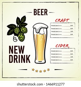 Beer menu design with glass of beer and branch of hops with leaves and cones. Alcohol card design elements.  Hand drawn vector illustration isolated on light backgraund.