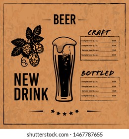 Beer menu design with glass of beer and branch of hops with leaves and cones. Alcohol card design elements.  Hand drawn vector illustration isolated on old brown paper backgraund.