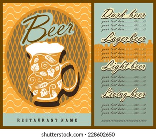 Beer menu design with beer mug. Menu contains images of beer mug ,town silhouette, price and place for text. Vintage style.