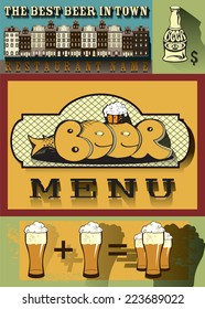 Beer menu design. Set contains images of beer glasses, town, beer bottle,fish, beer mug and text. Vintage style.