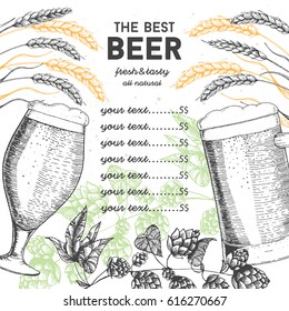 Beer menu design template. Engraved illustration with barley, hops and beer glasses. Brewery concept. Hand-drawn vector illustration.