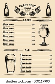 Beer menu design template. Vector bar, pub or restaurant card with hand sketched lager, ale illustrations. Brewery elements icons: glass, mug, bottle, herbs and plants.