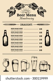 Beer menu design template. Vector bar, pub or restaurant card with hand sketched lager, ale illustrations. Brewery elements icons: glass, mug, bottle, herbs and plants.