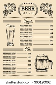 Beer menu design template. Vector bar, pub or restaurant card with hand sketched lager, ale  illustrations. Vintage drawings of old brewery, herbs and plants.