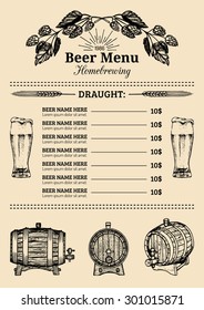 Beer Menu Design Template. Vector Bar, Pub Or Restaurant Card With Hand Sketched Lager, Ale Illustrations. Brewery Elements Icons: Glass, Barrel, Plants. 