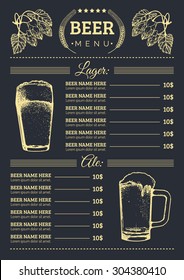 Beer menu design template. Vector bar, pub or restaurant card with hand sketched lager, ale illustrations. Brewery elements icons: glass, mug, plants.