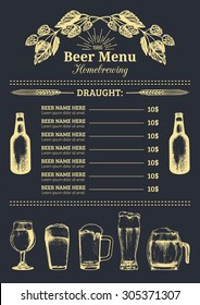 Beer menu design template. Vector bar, pub or restaurant card with hand sketched lager, ale illustrations. Brewery elements icons: bottle, glass, mug, plants.