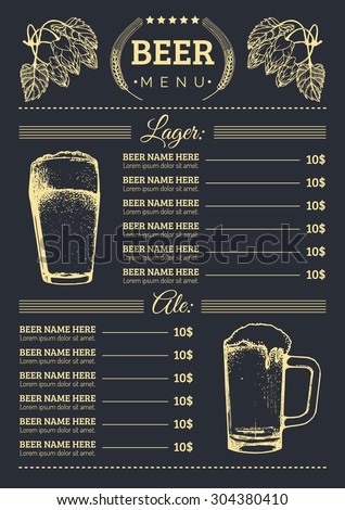Beer menu design template. Vector bar, pub or restaurant card with hand sketched lager, ale illustrations. Brewery elements icons: glass, mug, plants.