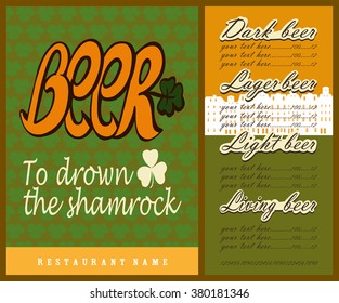 Beer menu design with type compositions.Beer menu contains type composition,shamrock background,place for text and price and shamrock silhouette.