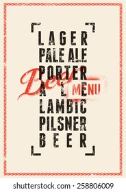 Beer Menu Design. Vintage Grunge Style Beer Poster. Vector Illustration.