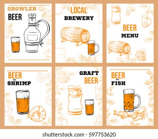 Beer menu elements in sketch hand drawn style including bottles,