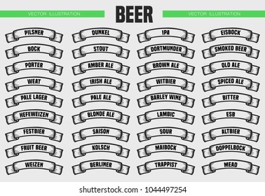 Beer menu icon set. Types of beer. Vector engraving ribbons illustration isolated on white background. Hand drawn design label.