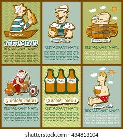 Beer menu labels set .Set contains images of wanderer on the motorcycle, fisher in the boat,seaman on the tun,sun and clouds,man on the beach,beer bottles.Cartoon style.