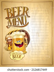 Lista de menús de cerveza o plantilla de diseño de tablero con tazas de cerveza divertidas, espacio vacío para texto
