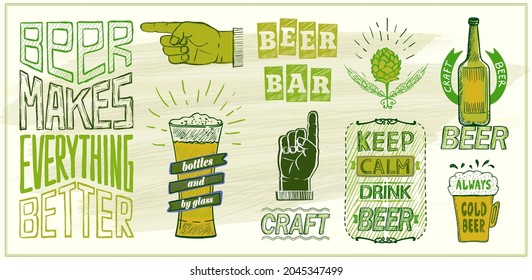 Beer menu list or display with quote phrases - keep calm drink beer, beer makes everything better, hand drawn graphic lettering