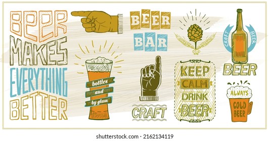 Beer Menu List Or Display With Quote Phrases - Keep Calm Drink Beer, Beer Makes Everything Better, Hand Drawn Graphic Lettering, Doodle Style Sketched Elements