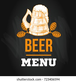 Beer menu logo or emblem template in sketch hand drawn style on chalkboard with hop on chalkboard, vector illustration with craft drinks icon