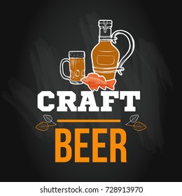 Beer menu logo or emblem template in sketch hand drawn style on chalkboard with hop on chalkboard, vector illustration with craft drinks icon
